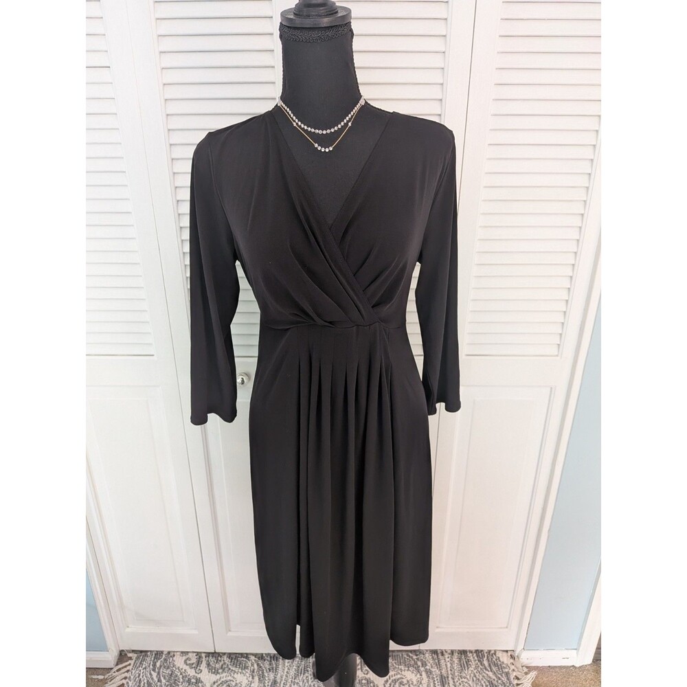 Motherhood Maternity Dress Womens L Black Long Sleeve VNeck Ruche Stretch Slinky